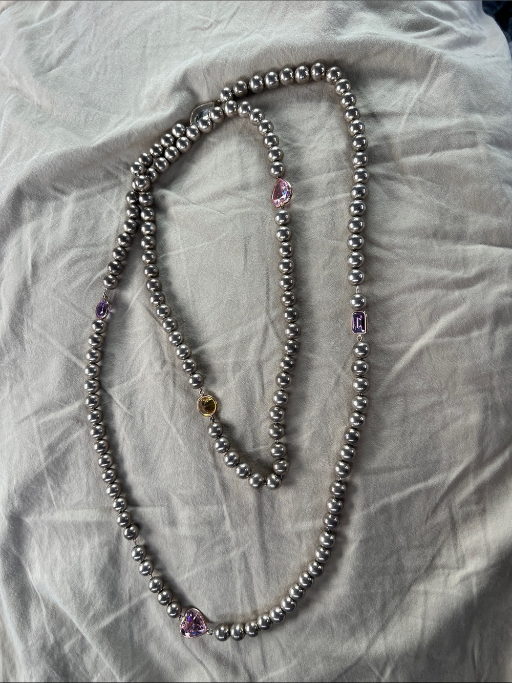 Vintage Silver Beaded Necklace with Pink and Purple Gem Accents